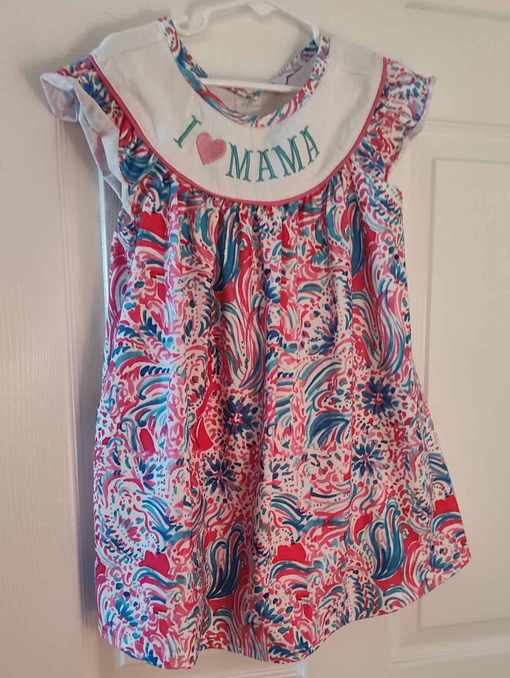 Girls' Pink & Blue Floral Ruffle Dress with 'I ♥ MAMA' Yoke